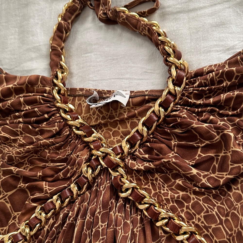 Y2K 100% Silk Brown Animal Print Dress With Braided Halter - Picture 5 of 10